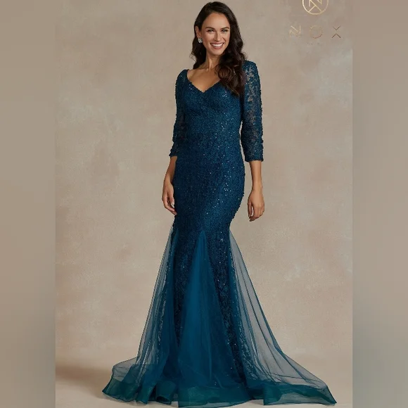 505 | Dresses | Plus Size Real Blue Lace Mermaid Dress With Sleeves |  Poshmark